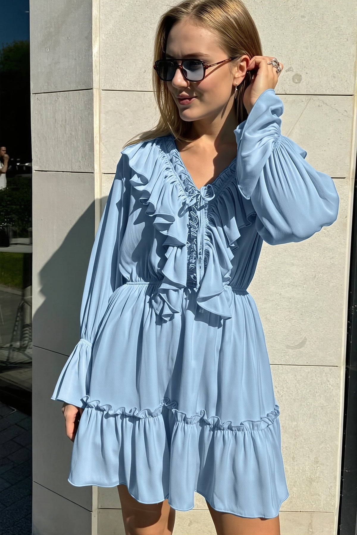 Ruffle Frill V-Neck Long Sleeve Tiered Mini Dress 5