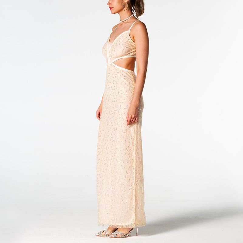 Embellished Sheer Halter Neck Cutout Maxi Gown