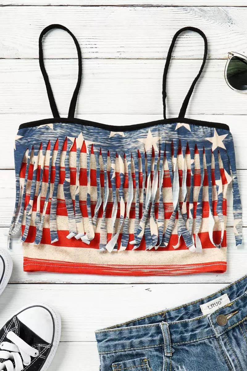 American Flag Star Striped Tassel Crop Top Fashionpara