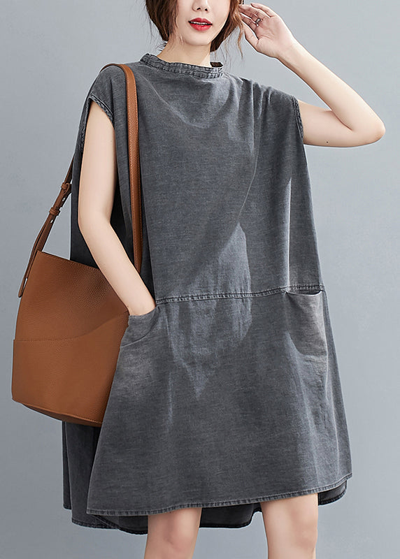 Stand Collar Cap Sleeve Front Patch Pocket Shift Mini Dress