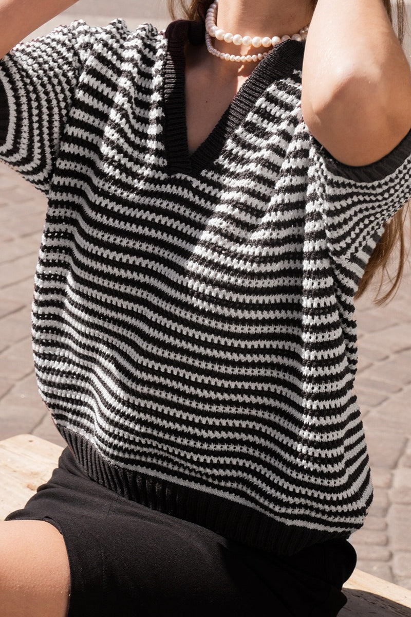 Striped Open Collar Short Sleeve Knit Sweater 3