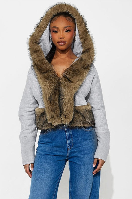 Short Loose Thick Pieced Fur Trim Hoodie 5