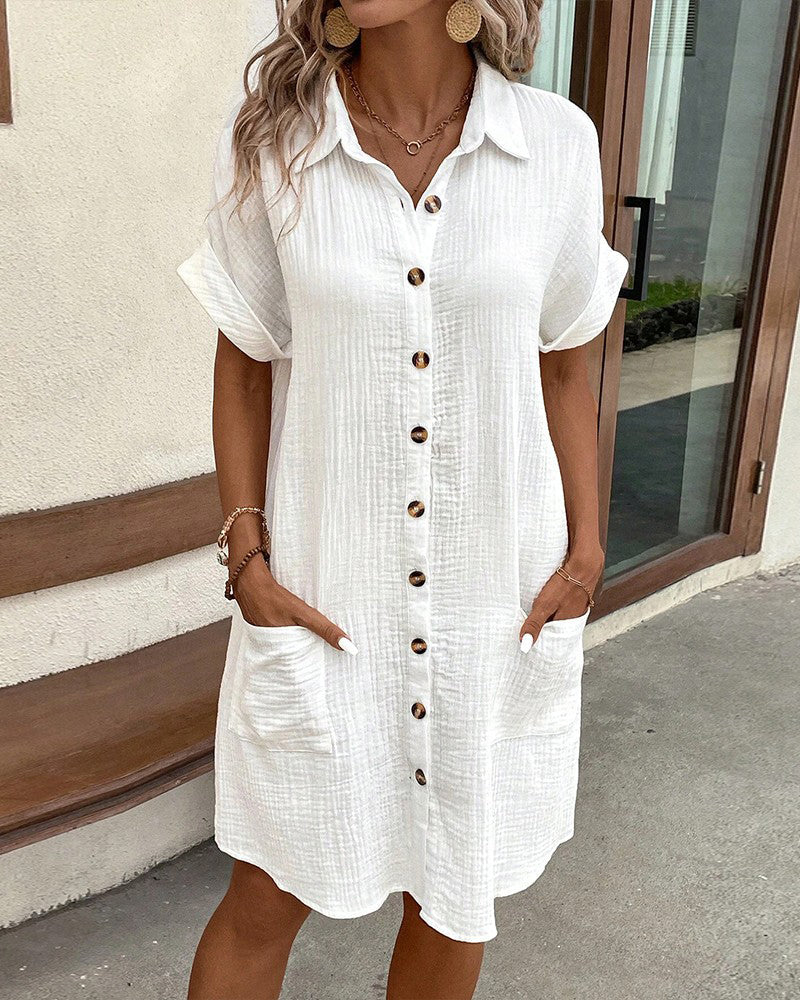 Short Sleeve Cuffed Button Down Collared Shirt Mini Dress