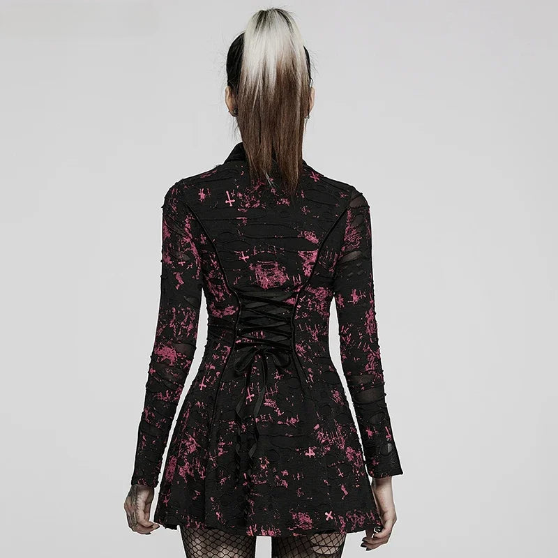 Distressed Collared Long Sleeve Fit & Flare Mini Dress