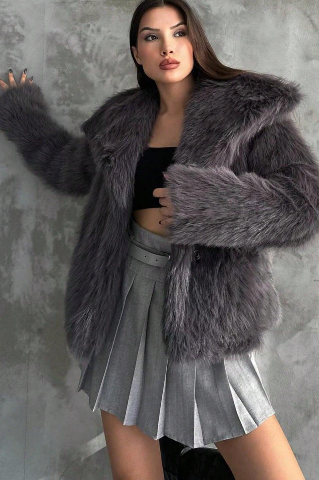 Plush Solid Color Faux Animal Fur Warm Notch Collar Coat
