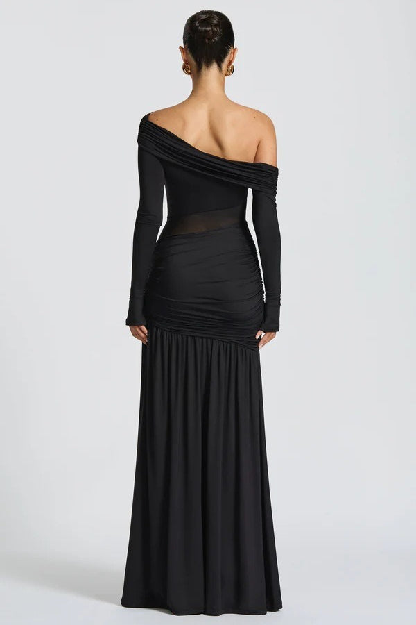Off Shoulder Long Sleeve Ruched High Split Mermaid Gown - View 6