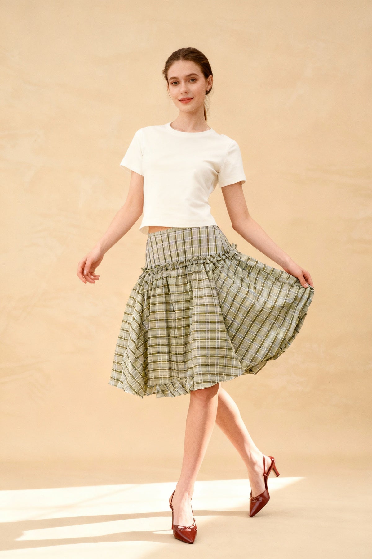 Plaid Tiered Ruffle A-line Skirt