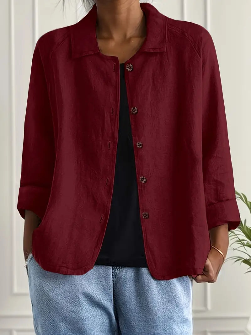 Collared Long Sleeve Button Front Linen Look Shirt 10