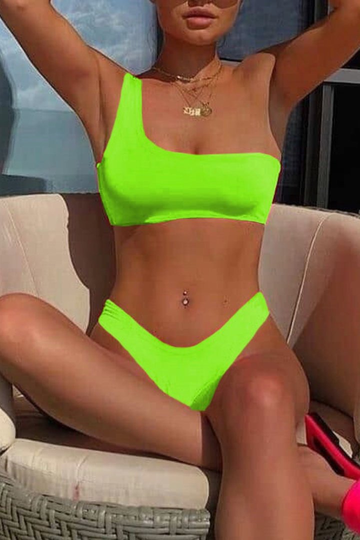One Shoulder High-waisted Tankini Bikini Set (2 Colors) - Fashionpara