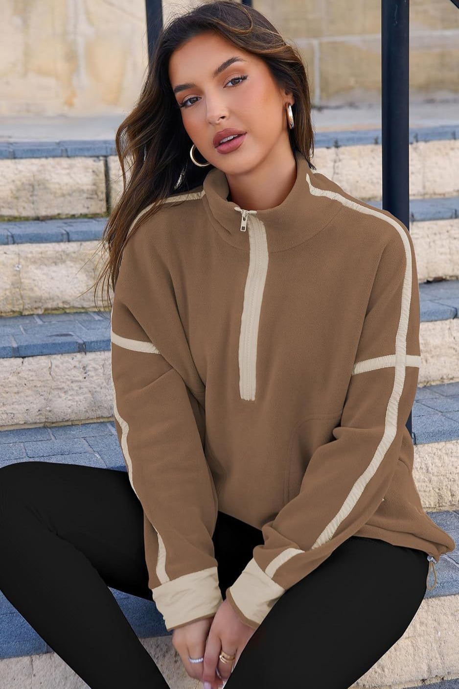Color Block Quarter Zip Funnel Neck Sweatshirt