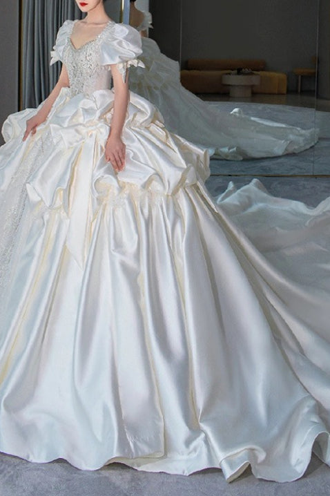 Satin Square Neck Puff Sleeve Beaded Ball Gown 2