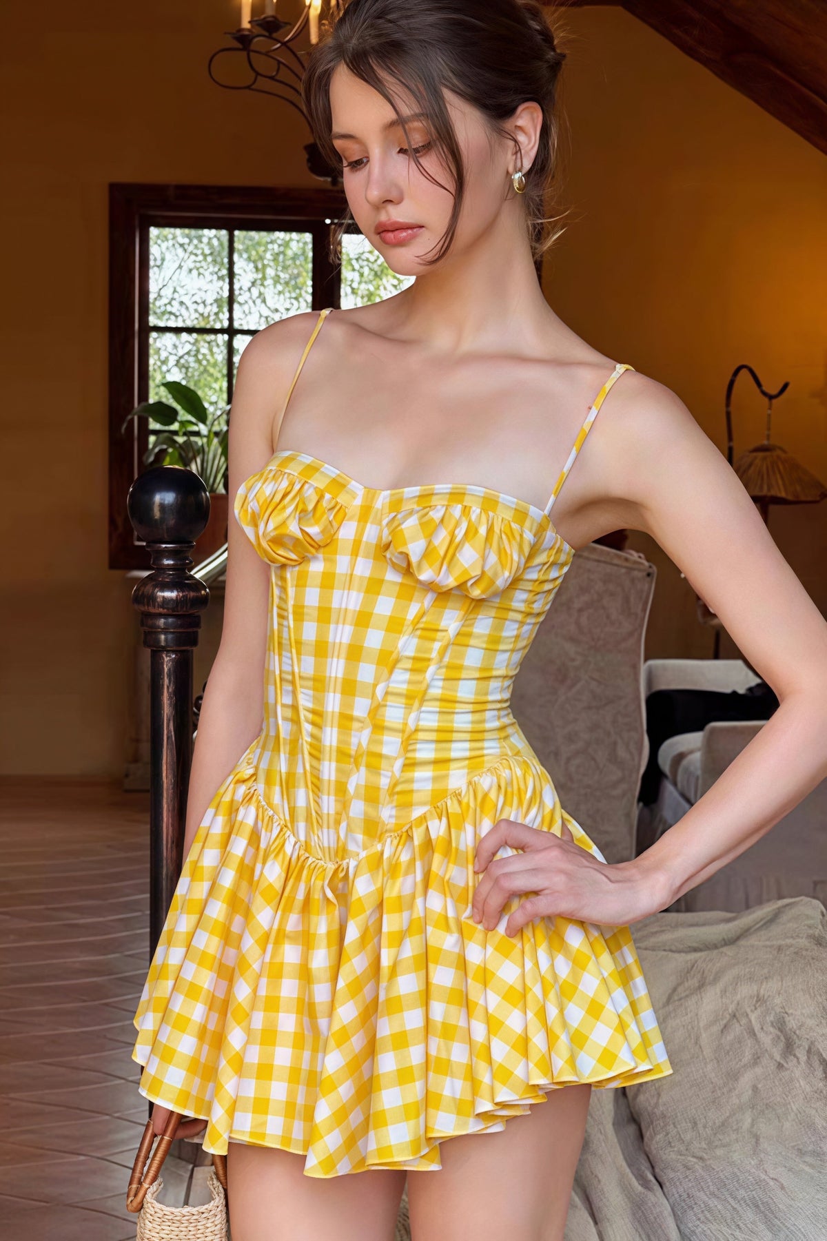 Gingham Corset Sweetheart Drop Waist Mini Dress
