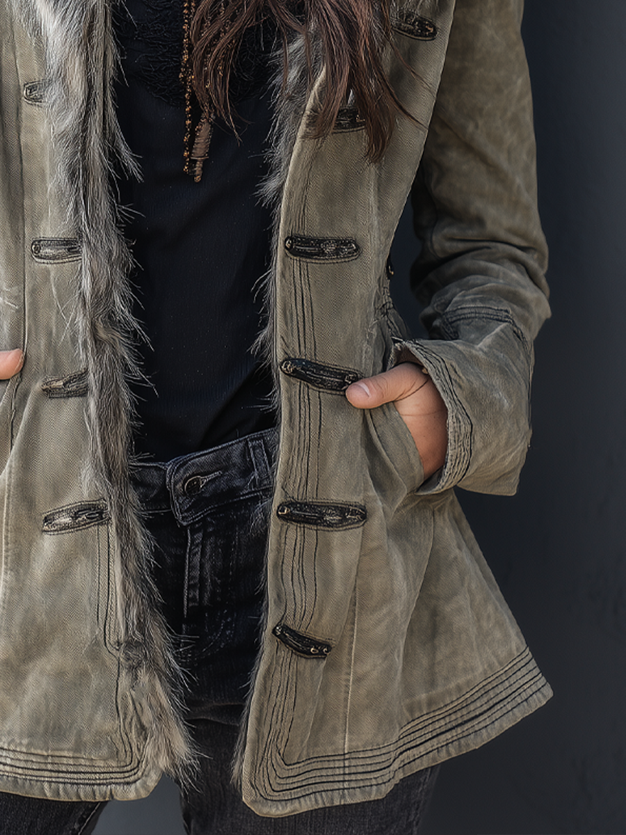 Vintage Distressed Eco-friendly Fur Collar Mid-length Coat - Fashionpara