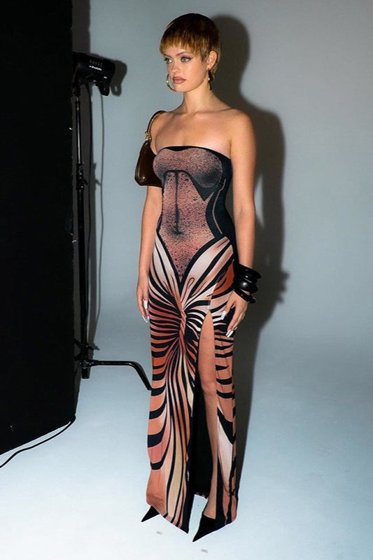 Abstract Print Strapless High Split Maxi Dress 3