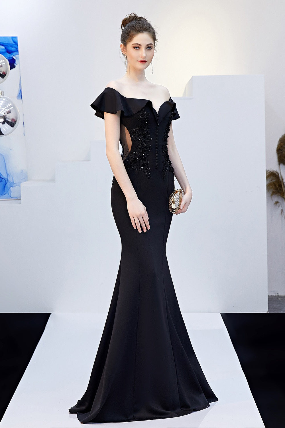 Off Shoulder Ruffle Beaded Mermaid Formal Gown - View 12