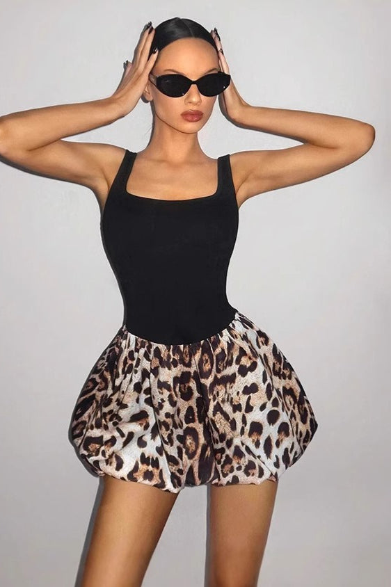 Leopard Print Square Neck Bubble Hem Mini Dress 2