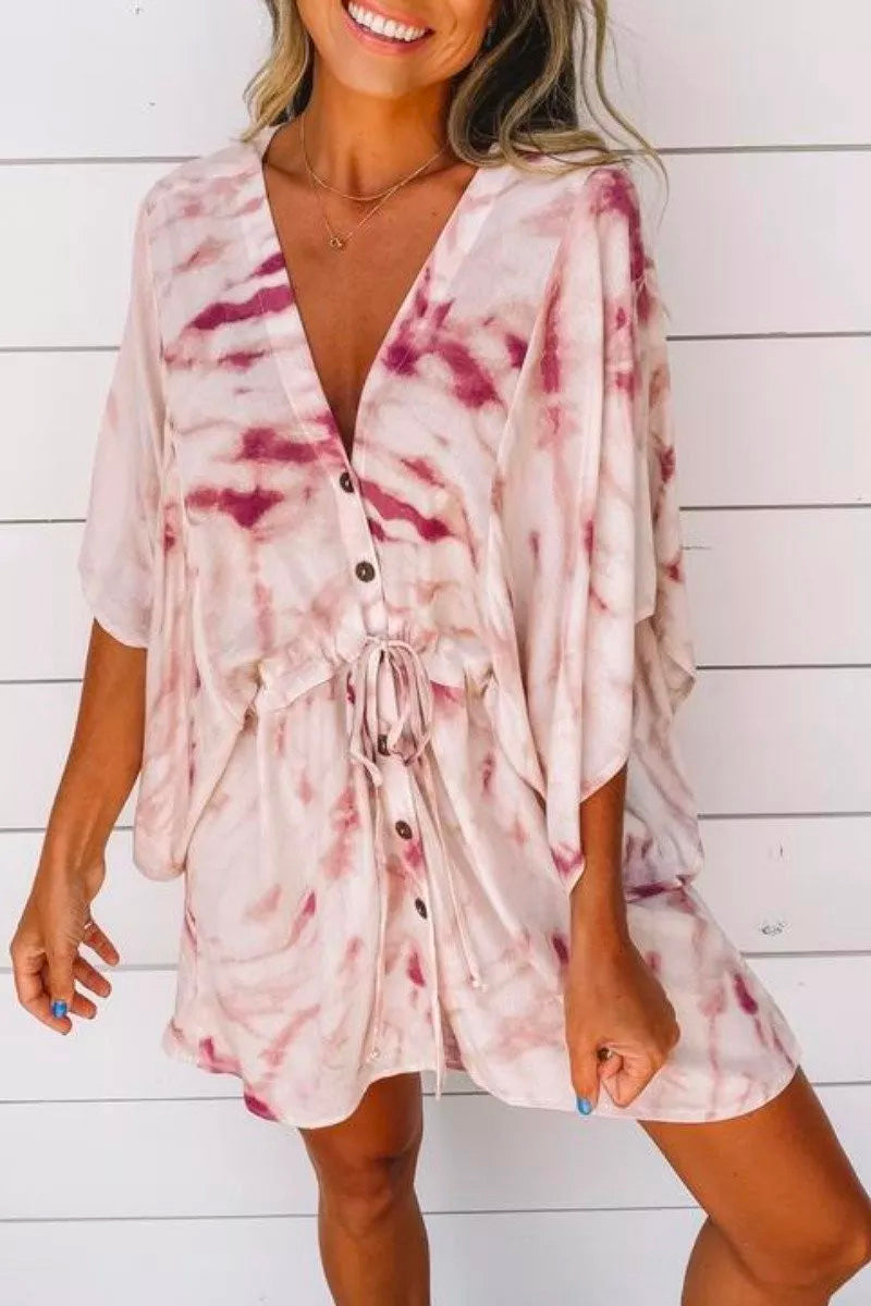 V Neck Tie-dye Purple Mini Dress Fashionpara