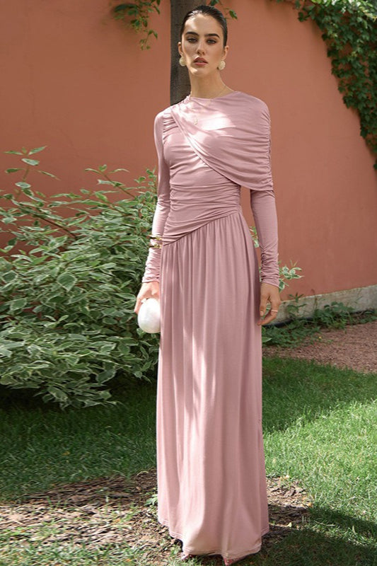 High Neck Long Sleeve Draped Ruched Sheath Maxi Dress 2