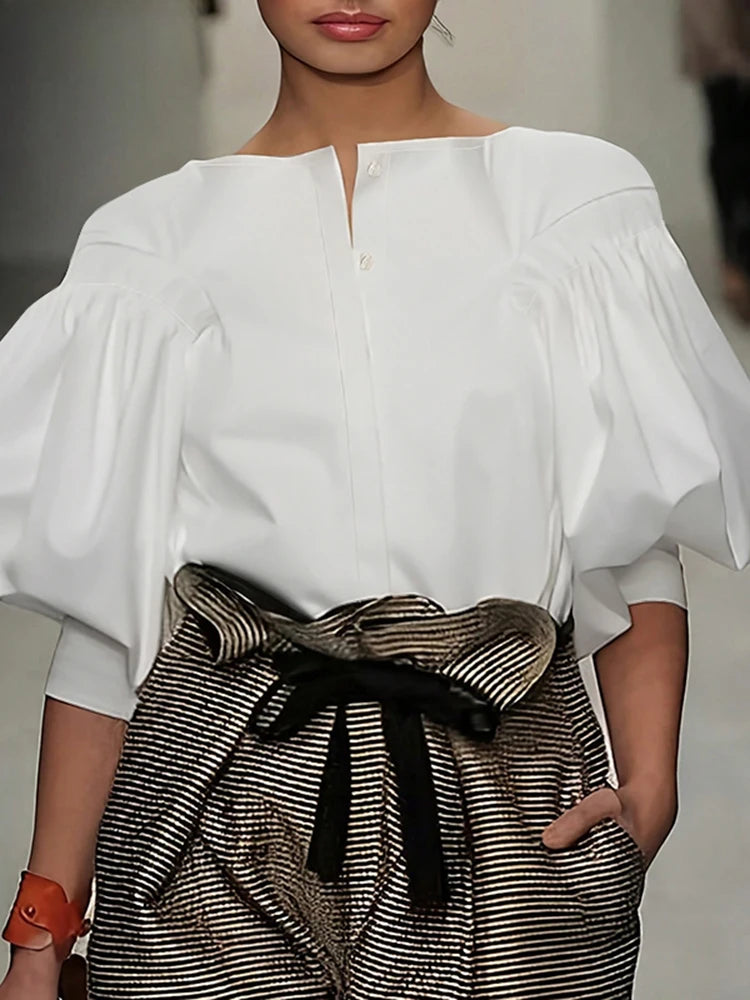 Lantern Quarter Sleeve Button Round Neck Blouse