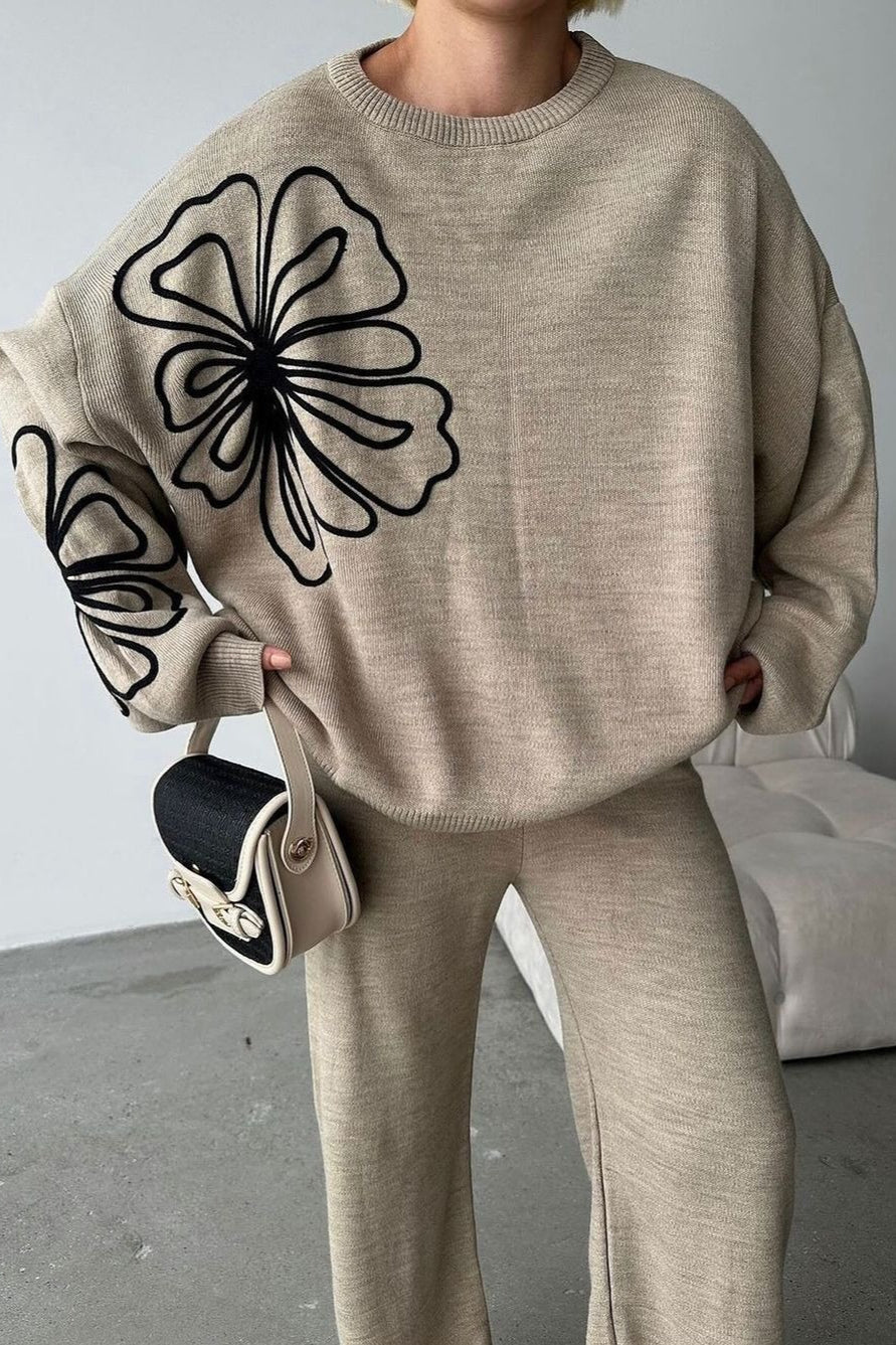Casual Round Neck Knit Sweater and Pants Two-Piece Set