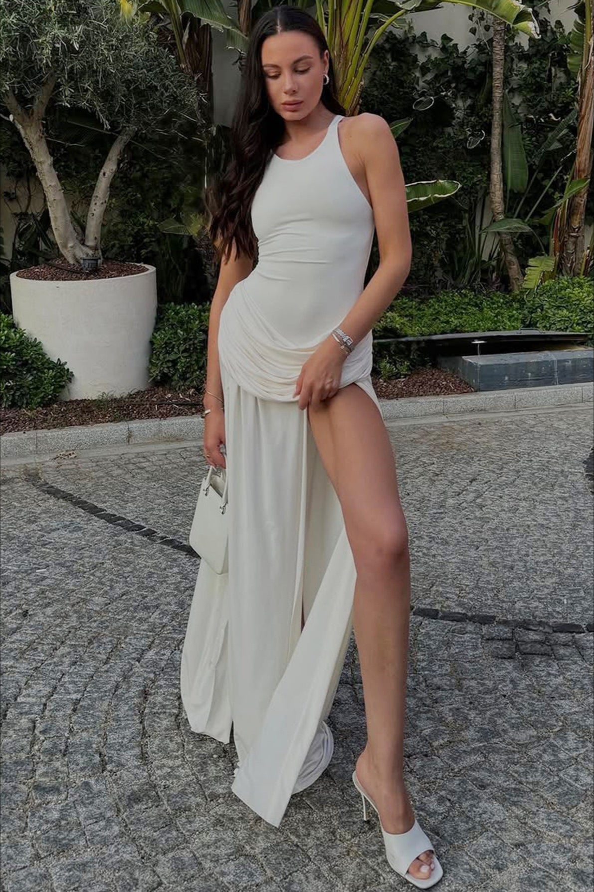 Scoop Neck Sleeveless Ruched High Split Bodycon Maxi Dress