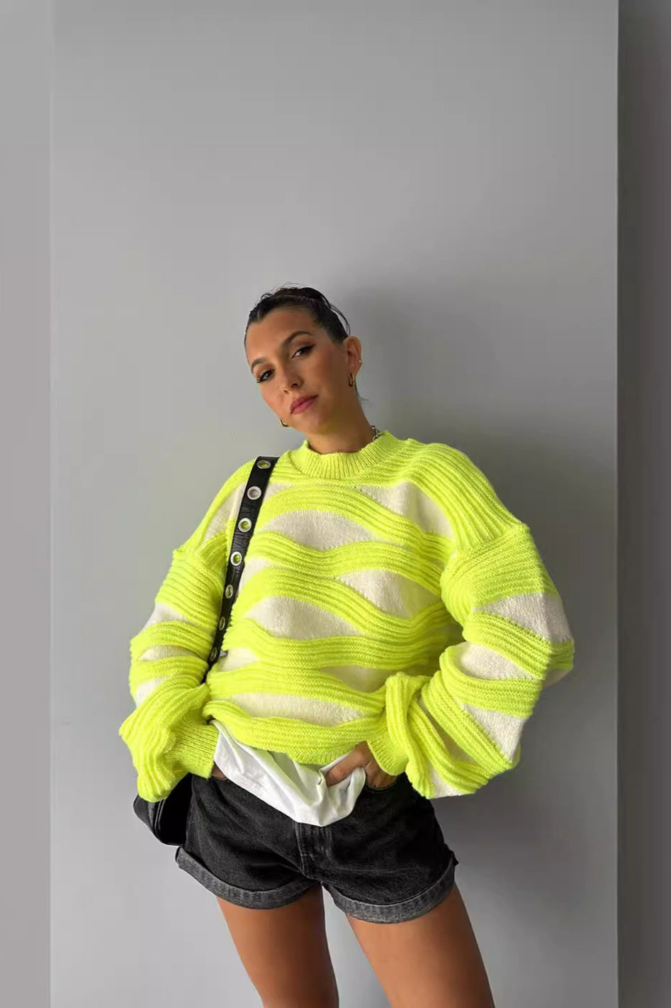 PrincessAce Black and White Striped Loose Knit Sweater