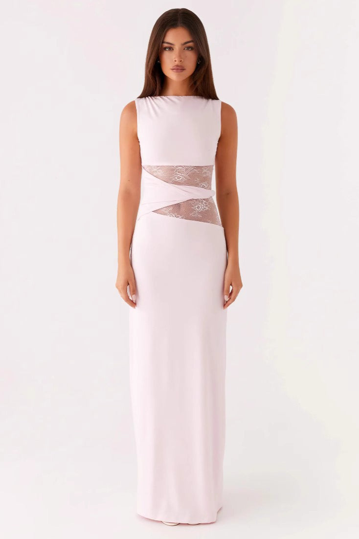 Boat Neck Sleeveless Lace Cutout Bodycon Maxi Dress