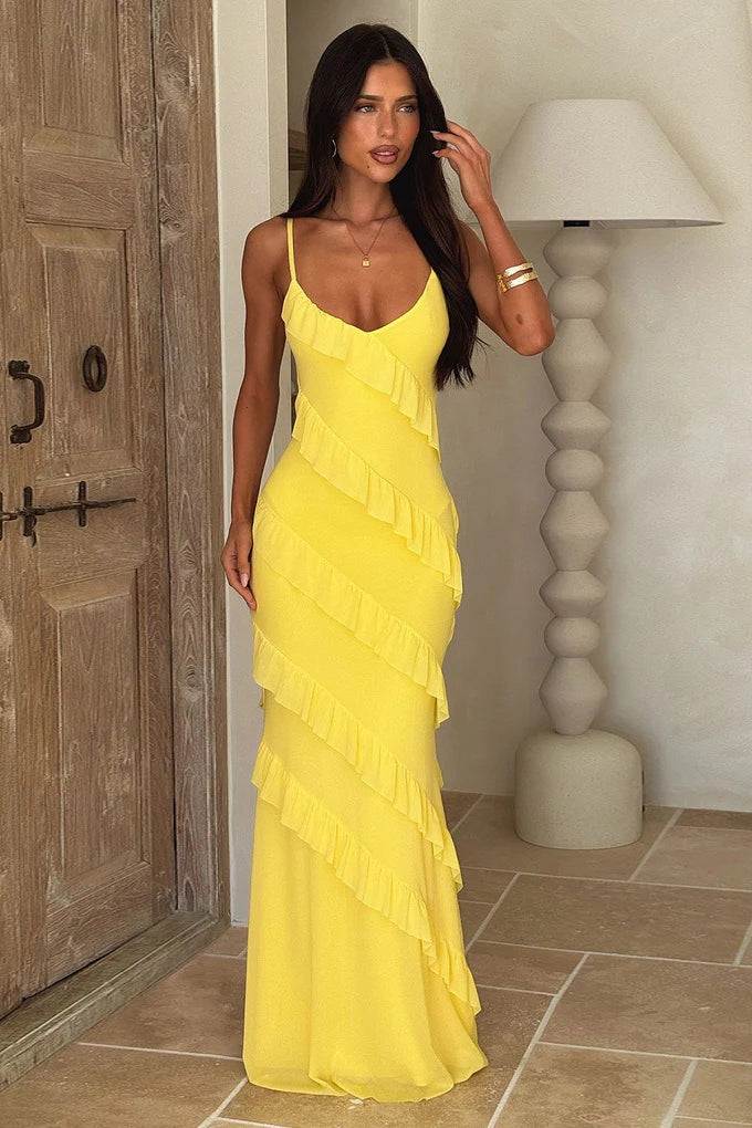 Spaghetti Strap Tiered Ruffle V-Neck Maxi Dress