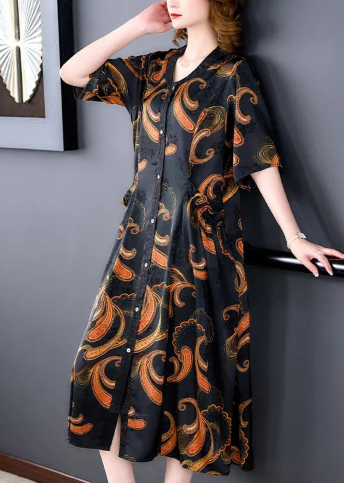 Paisley Print V-Neck Short Sleeve Button Front A-Line Midi Dress - View 3
