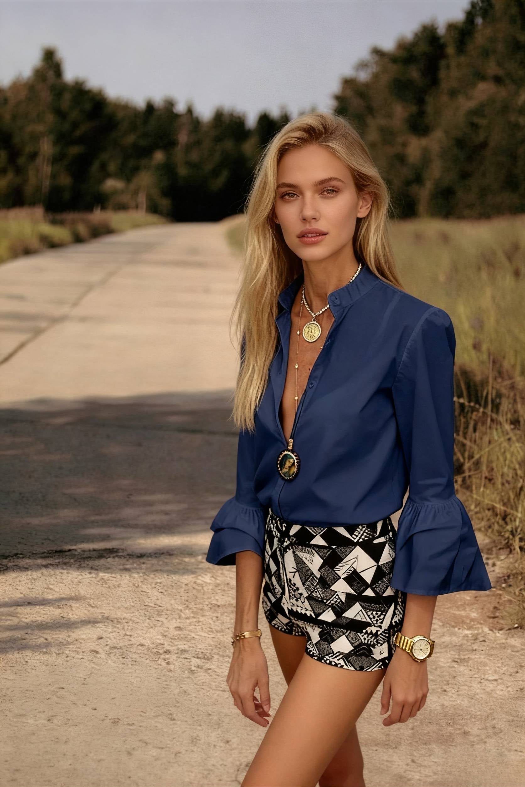 Blouse Office Arm - V Button Women's Flare Up White Neck Blouse - Fashionpara