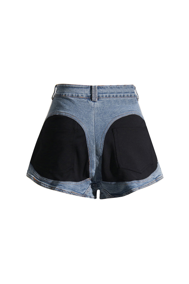 Deconstructed Patch Back Panel High Waist Booty Denim Micro Shorts - Fashionpara