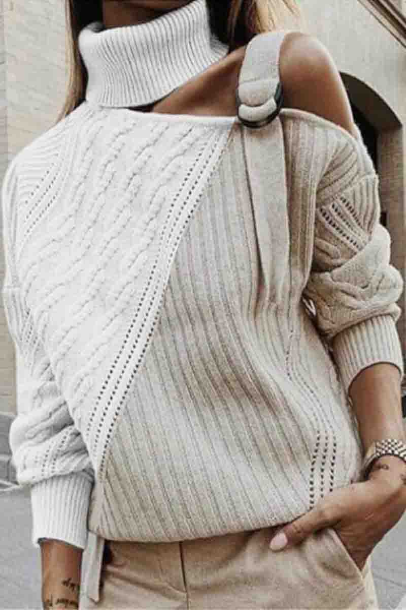 Turtleneck One Shoulder Patchwork Loose  Sweater(4 Colors)  Fashionpara