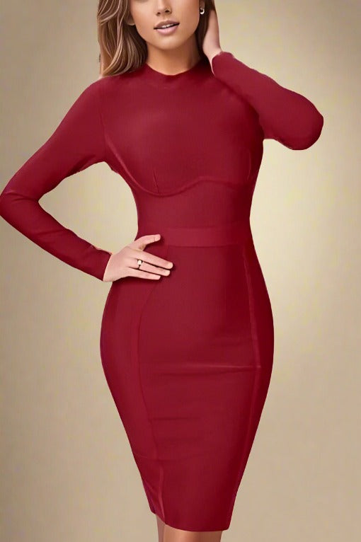 Dee Long Sleeve Bandage Dress - Red Wine - Fashionpara