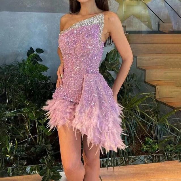 Sequin One Shoulder Beaded Feather Trim Bodycon Mini Dress