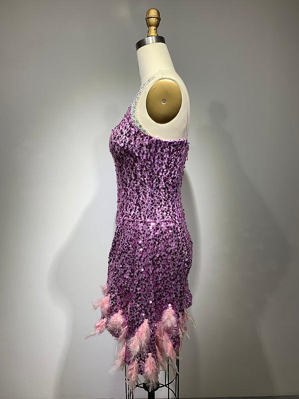 Sequin One Shoulder Beaded Feather Trim Bodycon Mini Dress - View 4