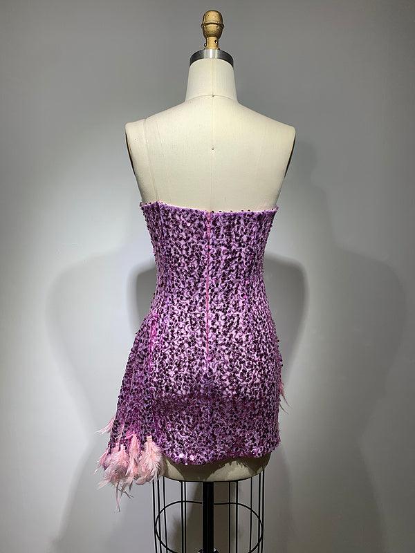 Sequin One Shoulder Beaded Feather Trim Bodycon Mini Dress - View 6