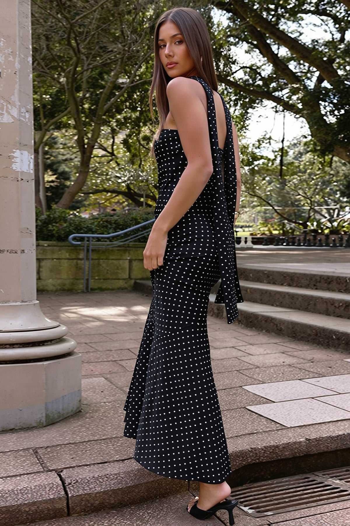 Polka Dot Strapless Scarf Neck Fishtail Maxi Dress 2