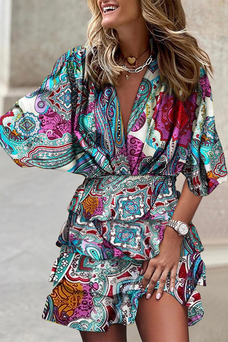 Deep V-Neck Kimono Sleeve Smocked Waist Tiered Ruffle Mini Dress - View 4