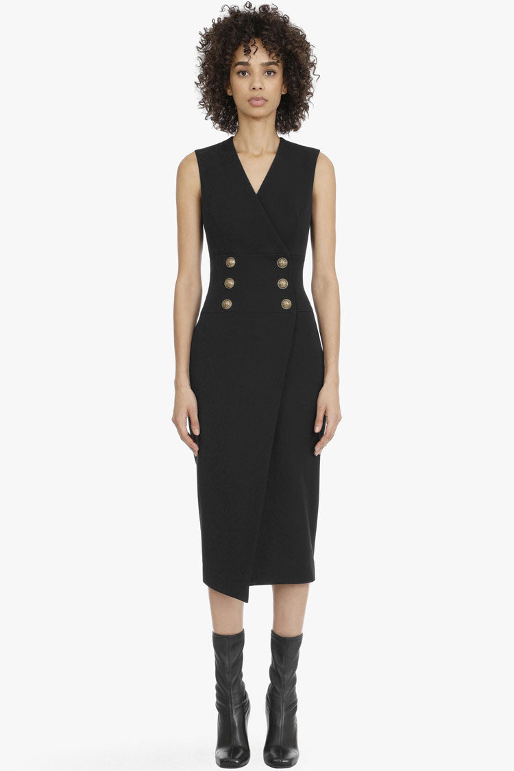 Deep V Buttoned Sheath Sleeveless Blazer Midi Dress - Black - Fashionpara