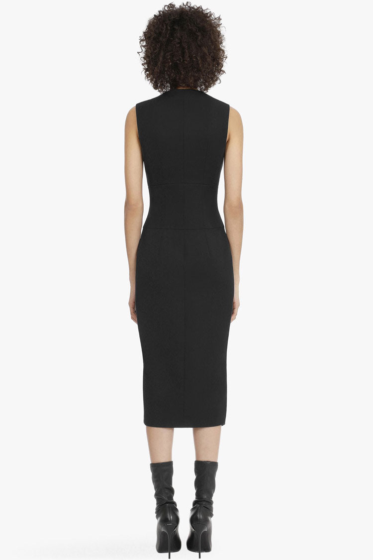 Deep V Buttoned Sheath Sleeveless Blazer Midi Dress - Black - Fashionpara