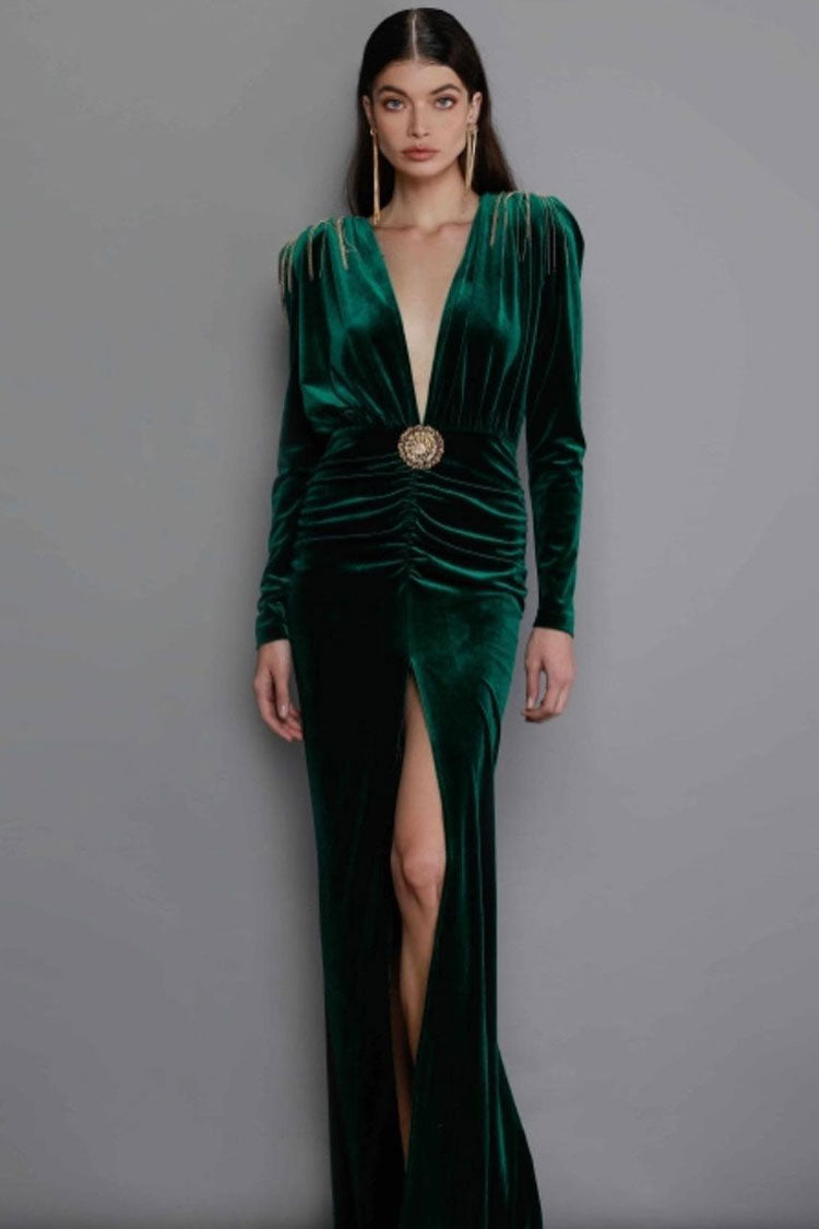 Velvet Plunge Long Sleeve Ruched High Slit Maxi Gown