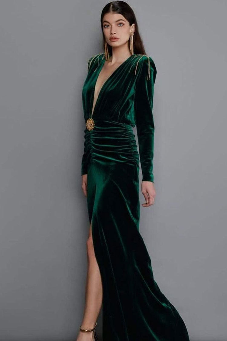 Velvet Plunge Long Sleeve Ruched High Slit Maxi Gown 2