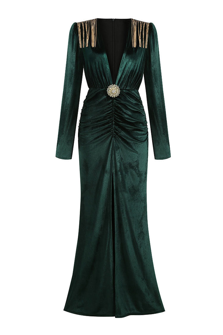 Velvet Plunge Long Sleeve Ruched High Slit Maxi Gown 3