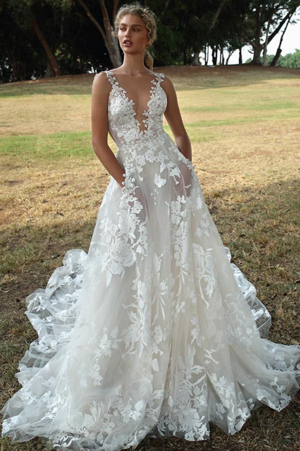 Deep V-Neck Appliques Wedding Dress Sleeveless - Fashionpara