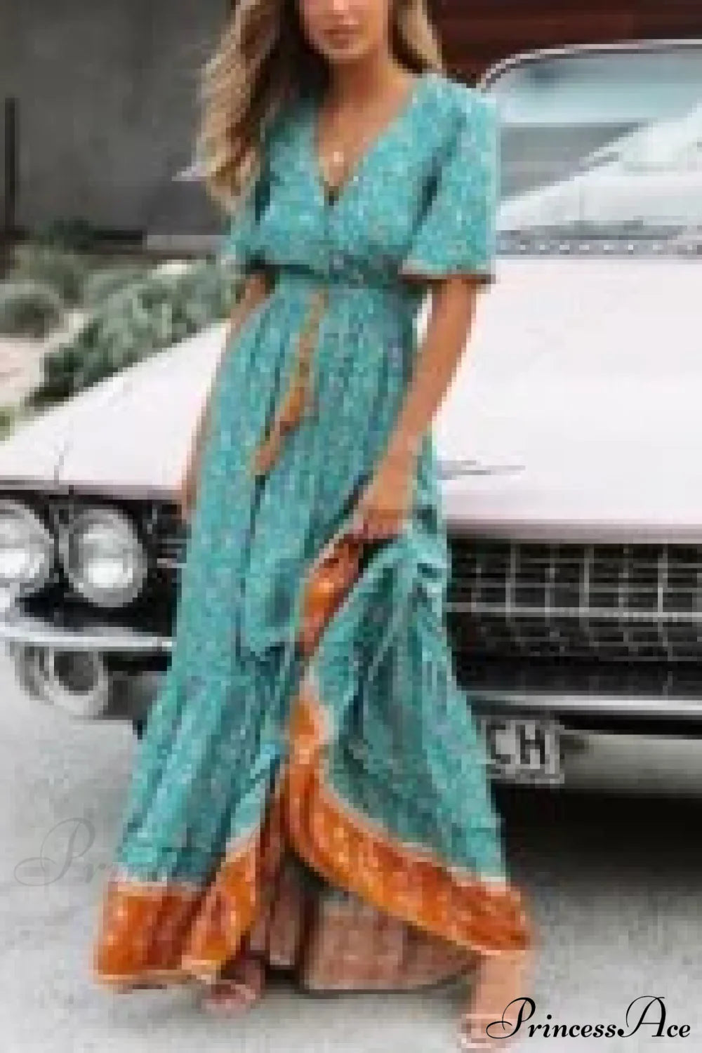 Deep V-neck Floral Boho Summer Dress Turquoise / S bohodress-250126