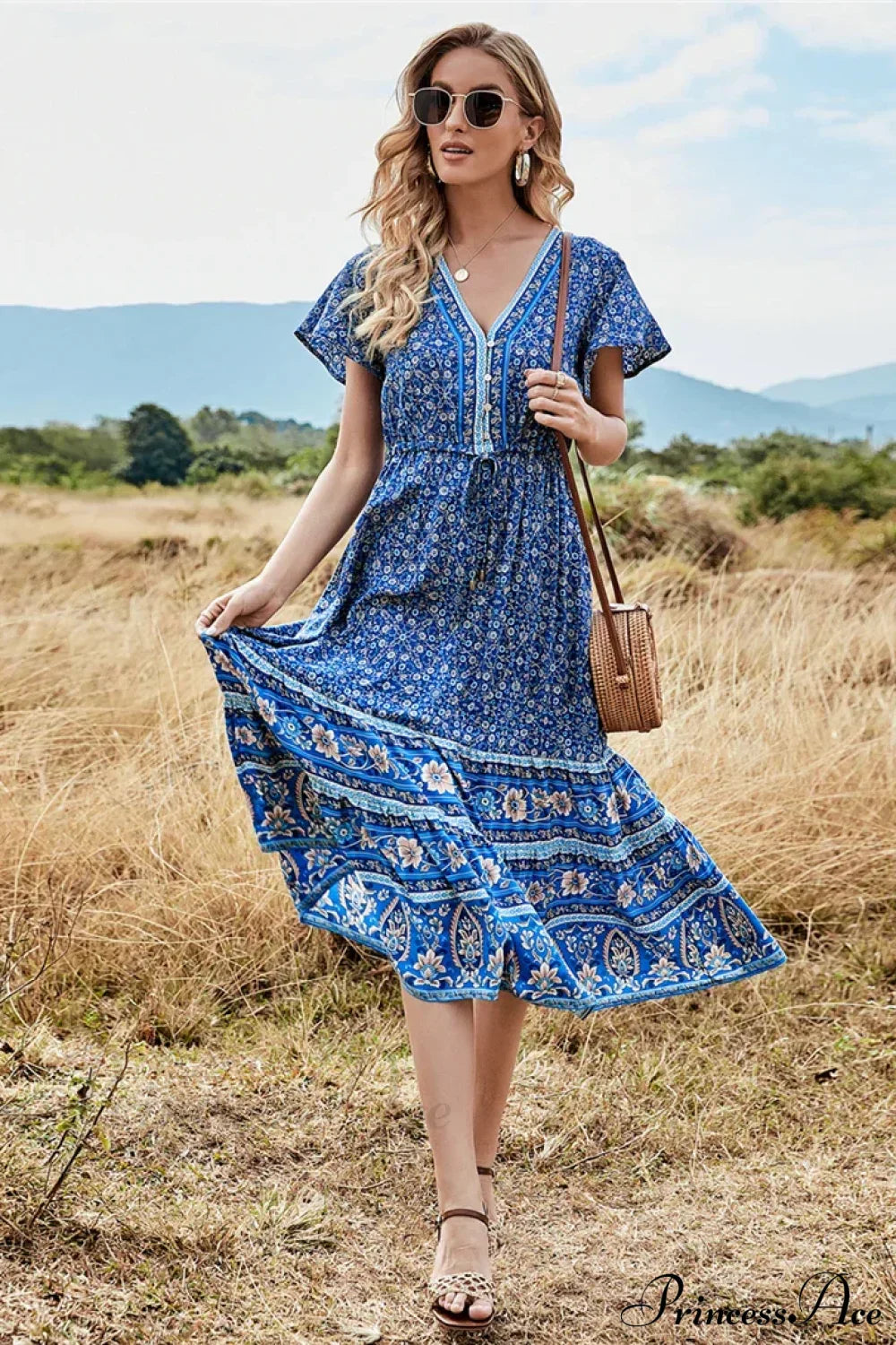 Deep V-neck Floral Button Pleated Maxi Boho Dress Blue / S bohodress-250126