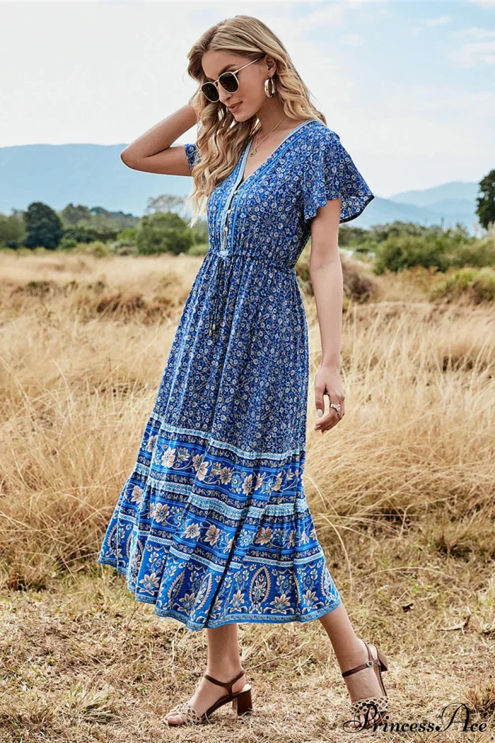 Deep V-neck Floral Button Pleated Maxi Boho Dress