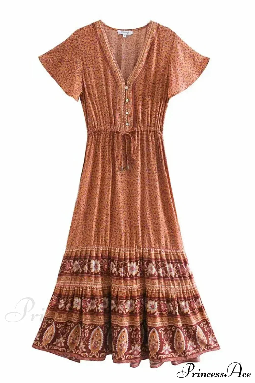 Deep V-neck Floral Button Pleated Maxi Boho Dress Brown / S bohodress-250126