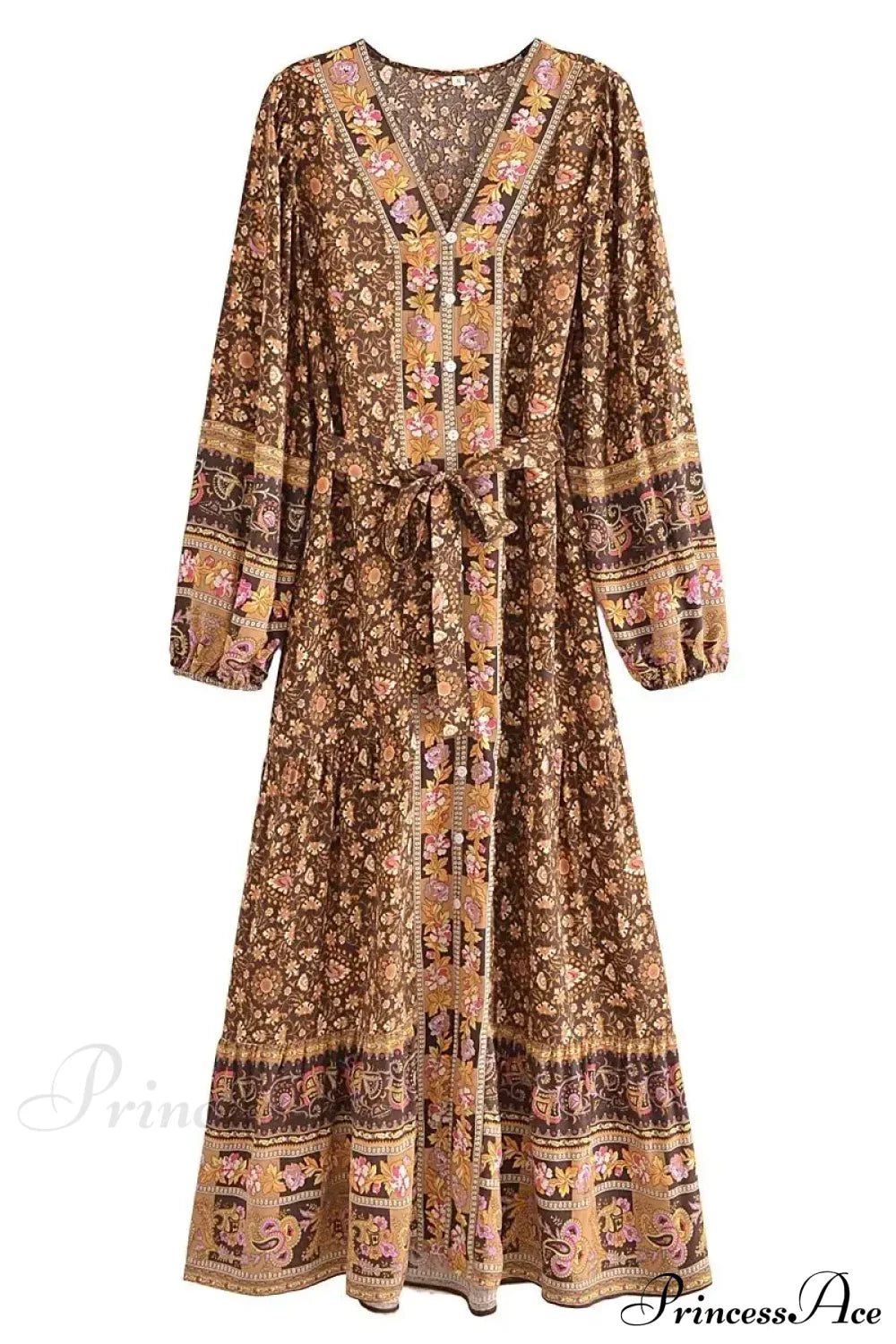 Deep V-neck Floral Long Sleeve Cotton Boho Dress Brown / S bohodress-250126