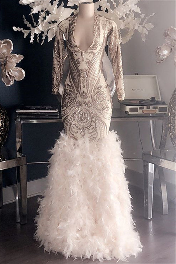 Deep V-Neck Long Sleeves Prom Dress Mermaid Sequins With Ruffles - Fashionpara